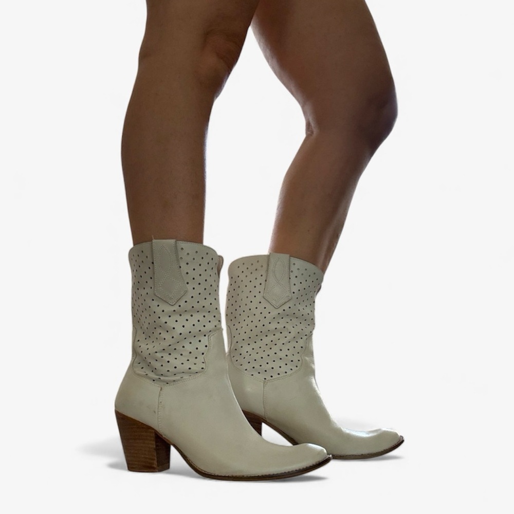 White Perforated Leather Western Boots Stacked Heel